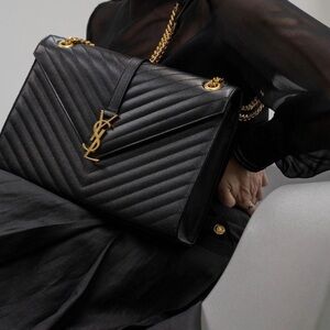 Yves Saint Laurent Authentic Large Black Chevron Envelope in Matelassé Leather